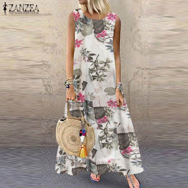 ZANZEA Summer Dress Women Bohemian Sleeveless Floral Printed Sundress Robe Vintage Kaftan Beach Vestido Femme Sarafans Plus Size