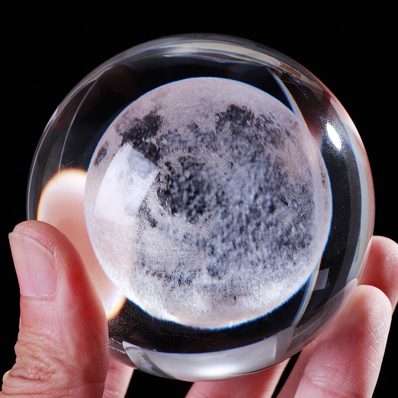 3D Moon Crystal Ball LED Base Laser Engraved Glass Globe Home Decoration Crystal Craft Sphere Ornament 8cm