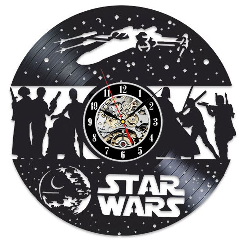 Vintage Vinyl Record Wall Clock Modern Design Creative 3D Stickers Movie Theme Star Wars Clocks Hanging Wall Watch Home Decor