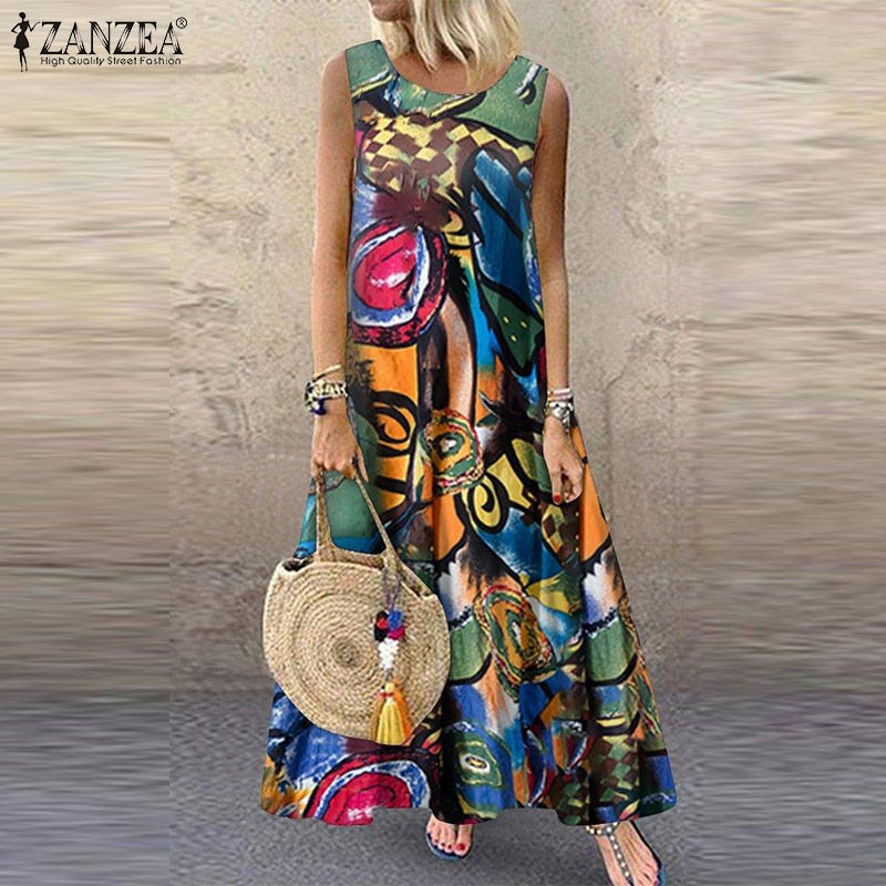 ZANZEA Summer Dress Women Bohemian Sleeveless Floral Printed Sundress Robe Vintage Kaftan Beach Vestido Femme Sarafans Plus Size