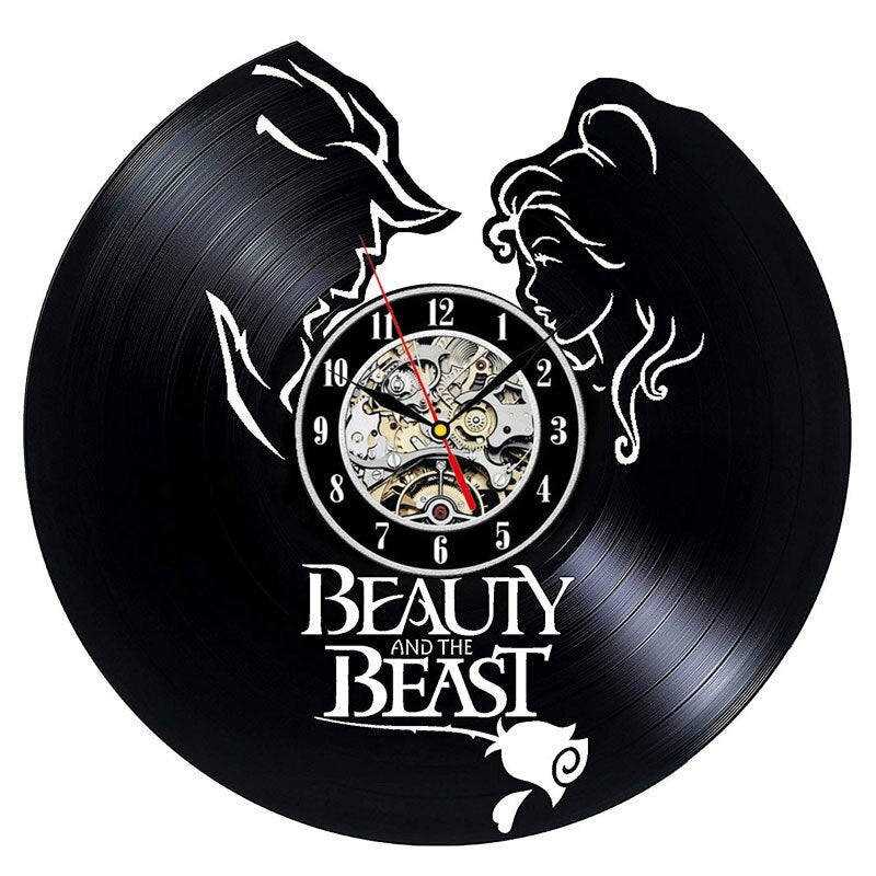 Beauty and Beast Wall Clock Modern Design 3D Decorative Vinyl Record Hanging Clocks Cartoon Wall Watch Home Decor Silent