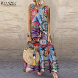 ZANZEA Summer Dress Women Bohemian Sleeveless Floral Printed Sundress Robe Vintage Kaftan Beach Vestido Femme Sarafans Plus Size