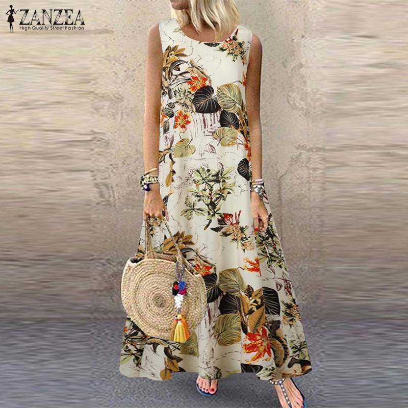 ZANZEA Summer Dress Women Bohemian Sleeveless Floral Printed Sundress Robe Vintage Kaftan Beach Vestido Femme Sarafans Plus Size