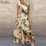 ZANZEA Summer Dress Women Bohemian Sleeveless Floral Printed Sundress Robe Vintage Kaftan Beach Vestido Femme Sarafans Plus Size