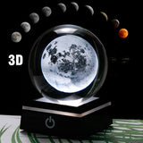 3D Moon Crystal Ball LED Base Laser Engraved Glass Globe Home Decoration Crystal Craft Sphere Ornament 8cm