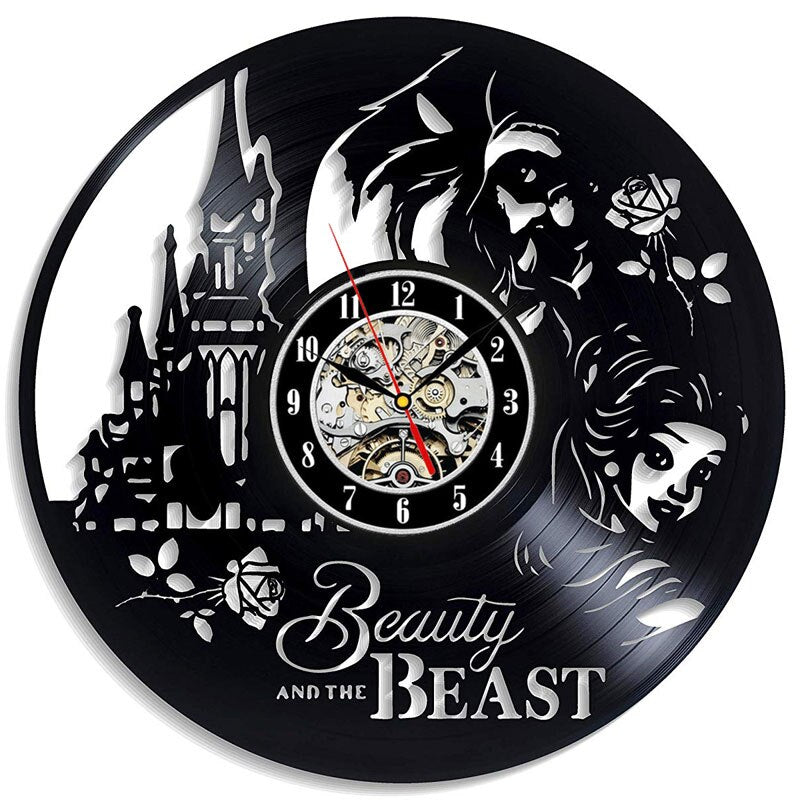 Beauty and Beast Wall Clock Modern Design 3D Decorative Vinyl Record Hanging Clocks Cartoon Wall Watch Home Decor Silent