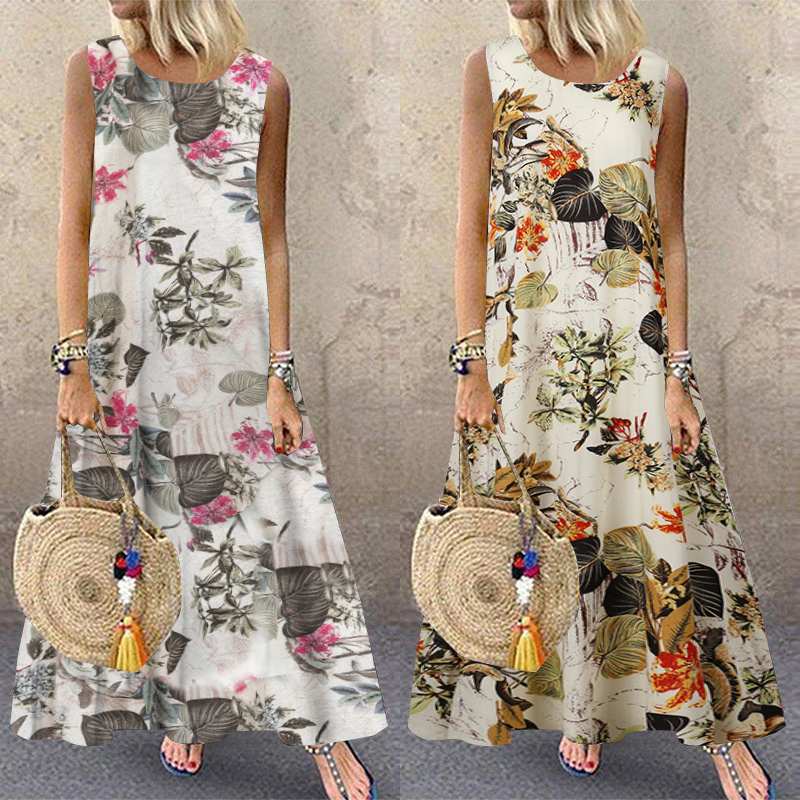 ZANZEA Summer Dress Women Bohemian Sleeveless Floral Printed Sundress Robe Vintage Kaftan Beach Vestido Femme Sarafans Plus Size