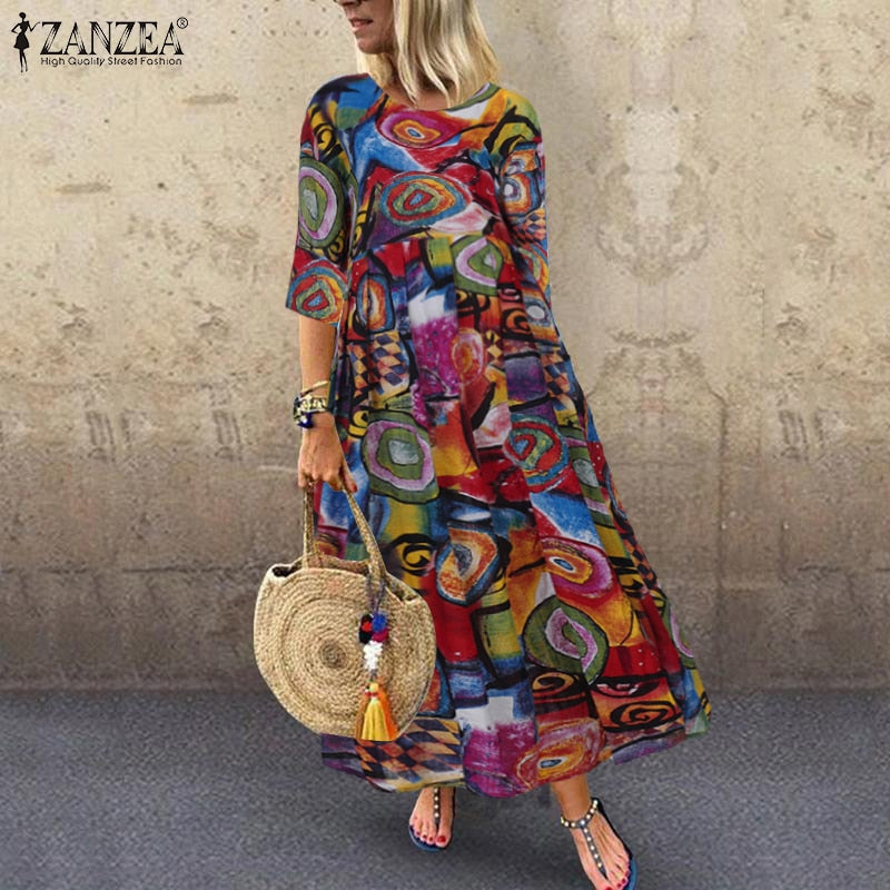 ZANZEA Summer Dress Women Bohemian Sleeveless Floral Printed Sundress Robe Vintage Kaftan Beach Vestido Femme Sarafans Plus Size