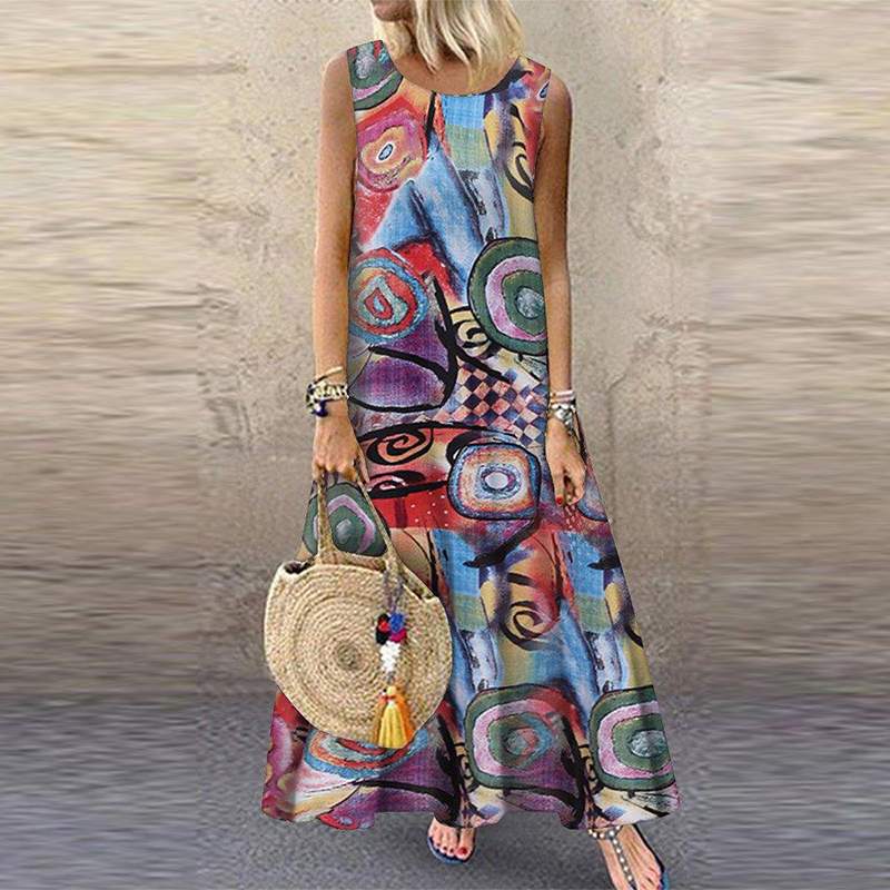 ZANZEA Summer Dress Women Bohemian Sleeveless Floral Printed Sundress Robe Vintage Kaftan Beach Vestido Femme Sarafans Plus Size