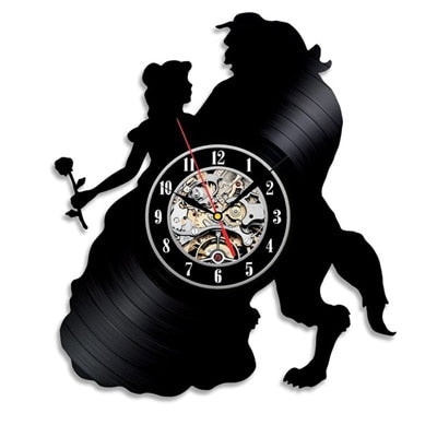 Beauty and Beast Wall Clock Modern Design 3D Decorative Vinyl Record Hanging Clocks Cartoon Wall Watch Home Decor Silent