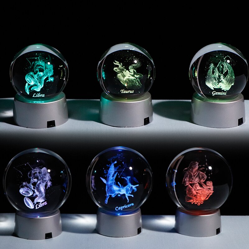 3D Zodiac Crystal Sphere with Colorful LED Light