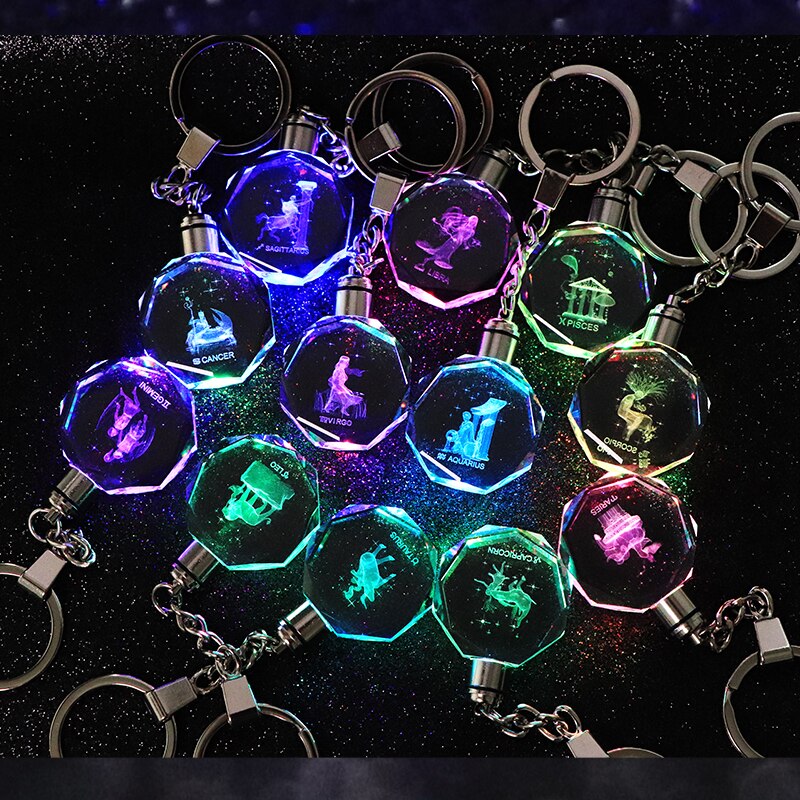 Crystal Zodiac Sign 12 Constellation LED Light Key Ring