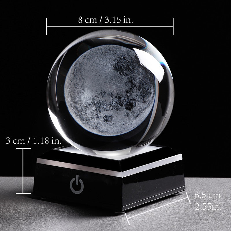 3D Moon Crystal Ball LED Base Laser Engraved Glass Globe Home Decoration Crystal Craft Sphere Ornament 8cm