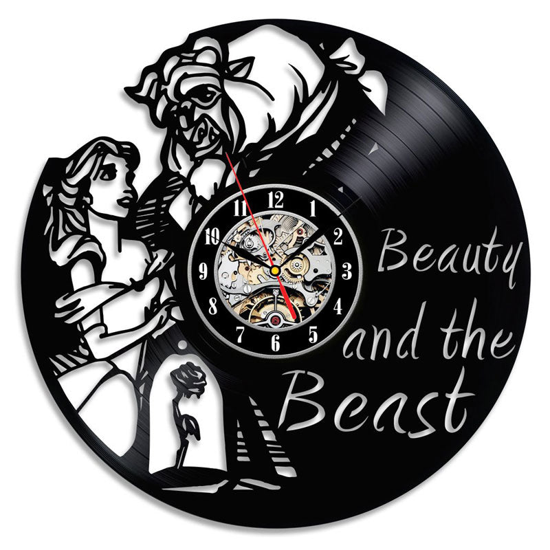 Beauty and Beast Wall Clock Modern Design 3D Decorative Vinyl Record Hanging Clocks Cartoon Wall Watch Home Decor Silent
