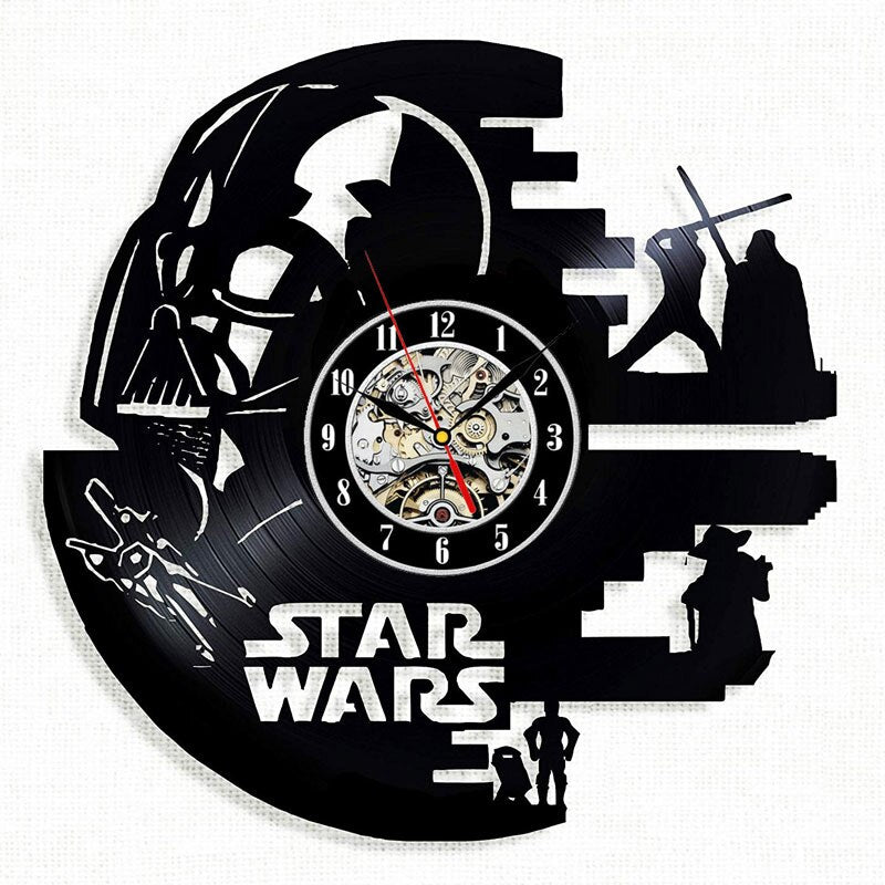 Vintage Vinyl Record Wall Clock Modern Design Creative 3D Stickers Movie Theme Star Wars Clocks Hanging Wall Watch Home Decor