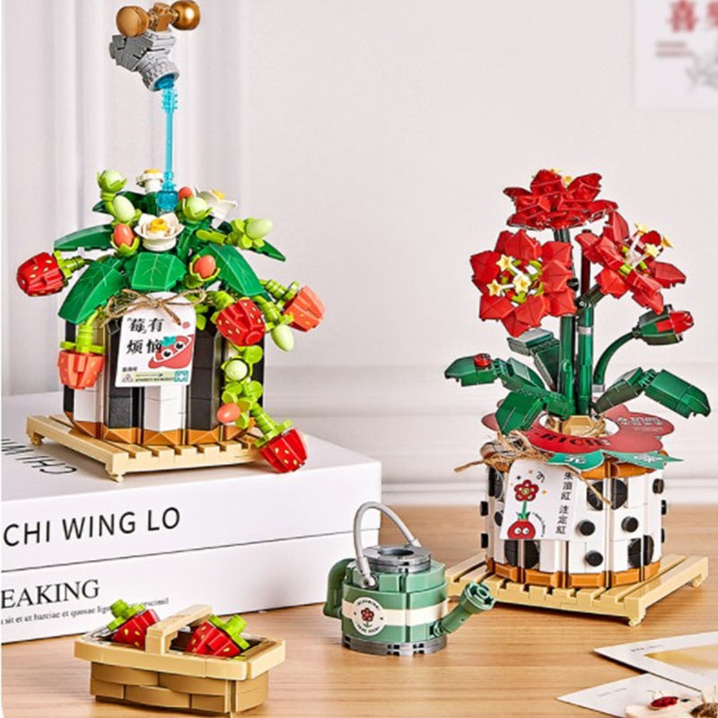 Strawberry and Flower Bouquet Potted Building Blocks