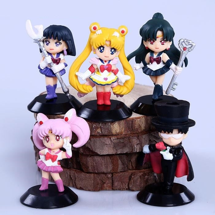 Sailor Moon Cute Characters Collectible PVC Figure Toy & Keychain Bundle (5pcs)